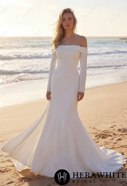 Elegant Off-Shoulder Mermaid Wedding Dress with Long Sleeves and Lace Train — HW3746 — image 1
