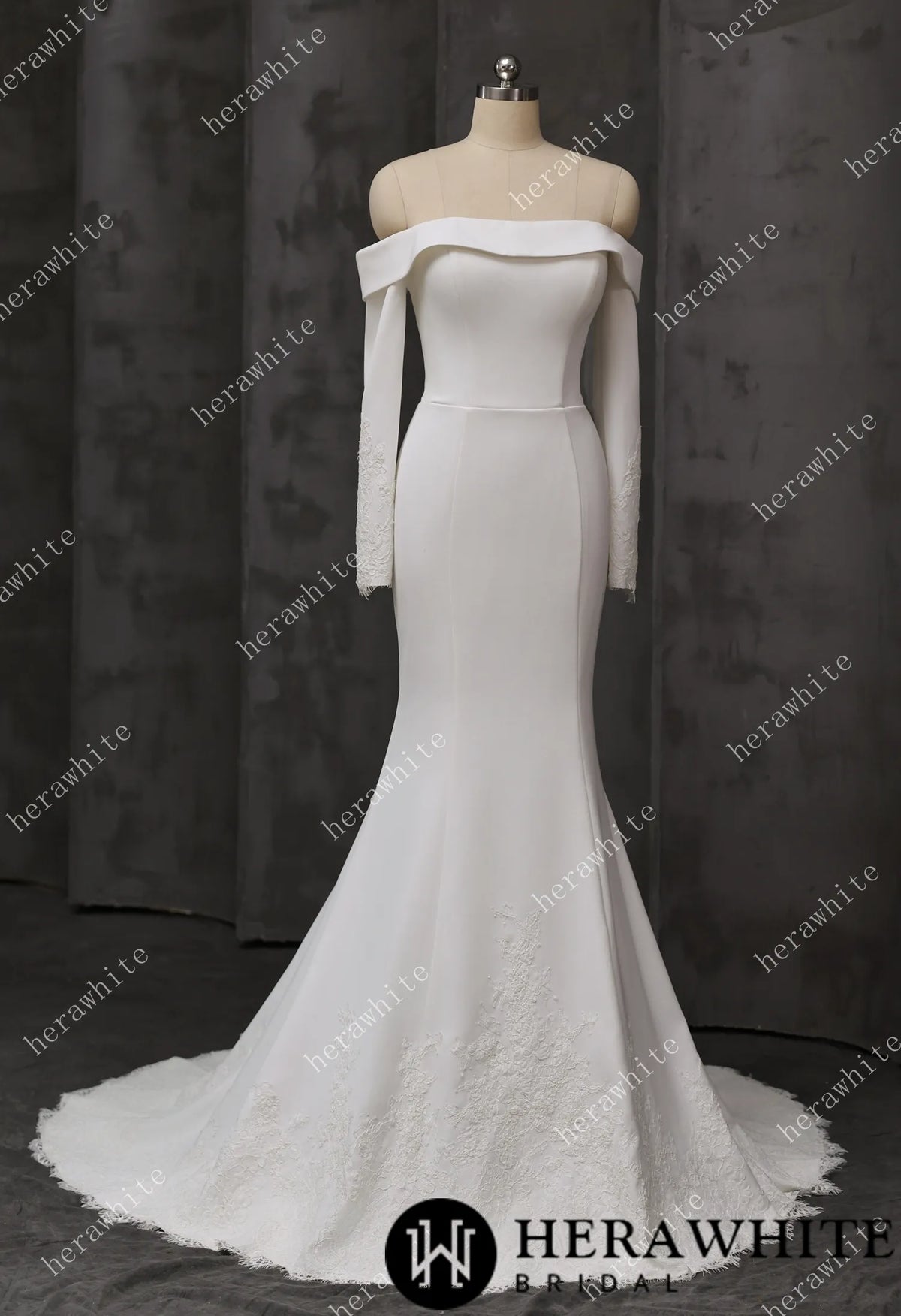 Elegant Off-Shoulder Mermaid Wedding Dress with Long Sleeves and Lace Train — HW3746 — image 2