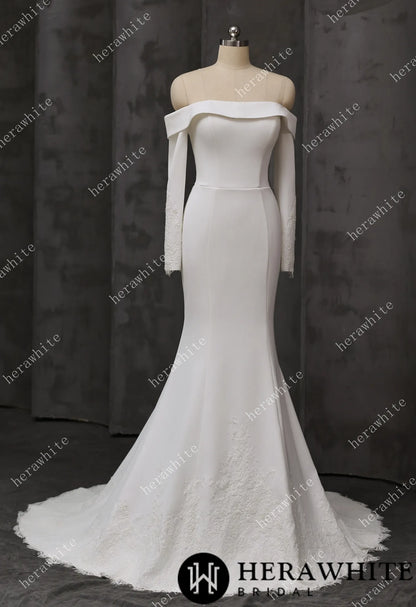 Elegant Off-Shoulder Mermaid Wedding Dress with Long Sleeves and Lace Train — HW3746 — image 2