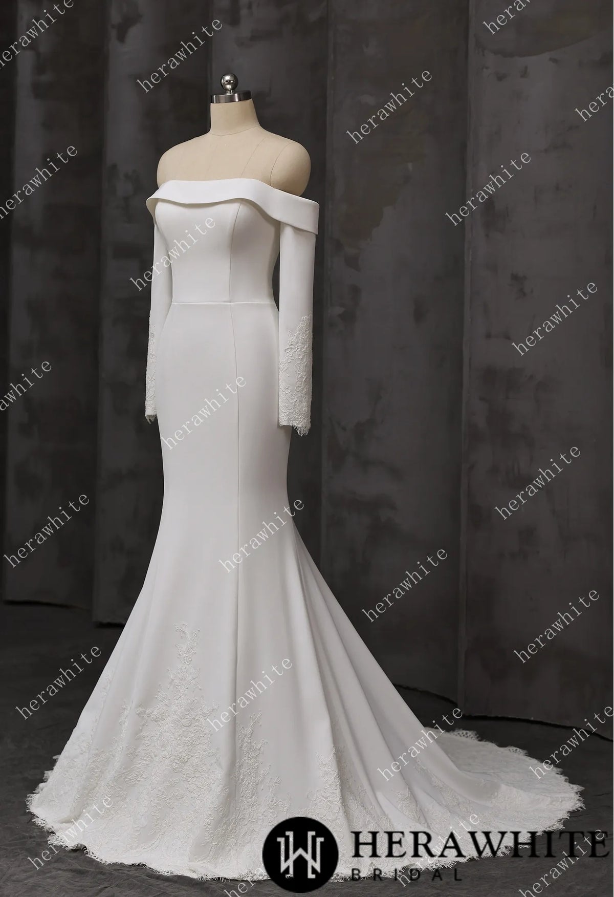 Elegant Off-Shoulder Mermaid Wedding Dress with Long Sleeves and Lace Train — HW3746 — image 3