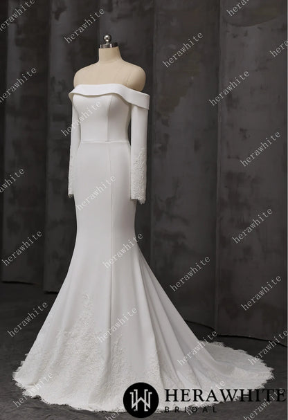 Elegant Off-Shoulder Mermaid Wedding Dress with Long Sleeves and Lace Train — HW3746 — image 3