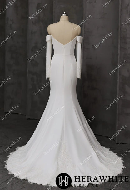 Elegant Off-Shoulder Mermaid Wedding Dress with Long Sleeves and Lace Train — HW3746 — image 5
