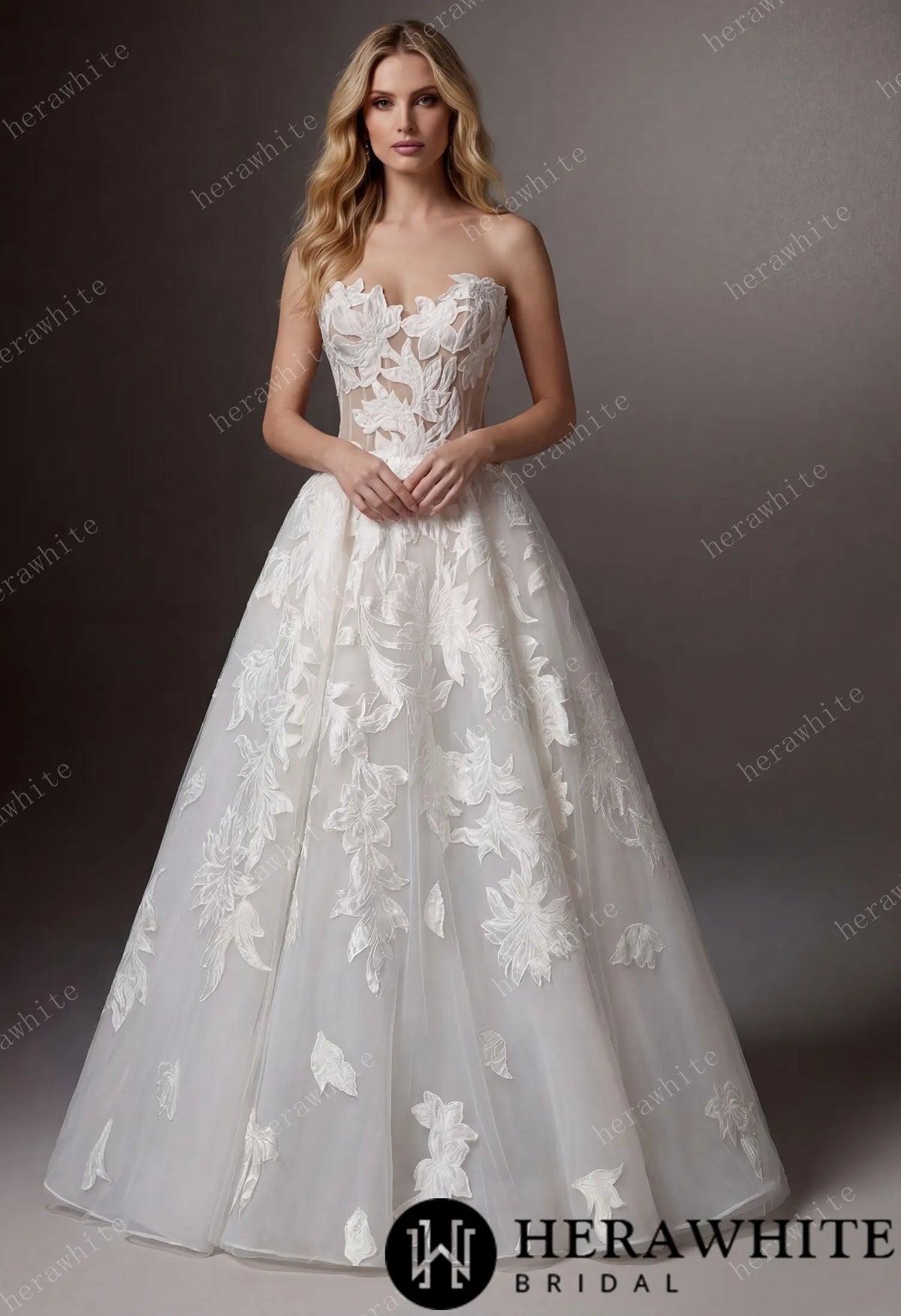 Floral Ball Gown With Illusion Sweetheart Bodice & Sculptural Flower Skirt — HW3748 — image 1