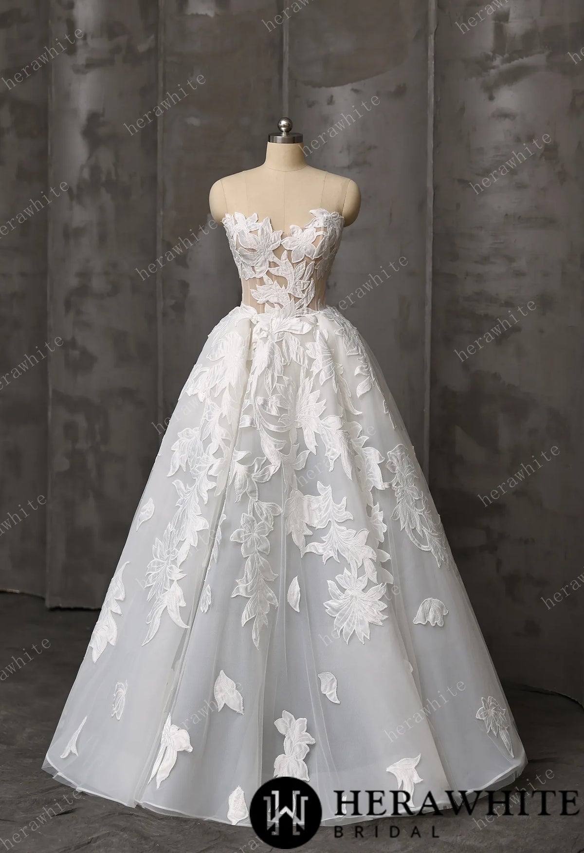 Floral Ball Gown With Illusion Sweetheart Bodice & Sculptural Flower Skirt — HW3748 — image 2