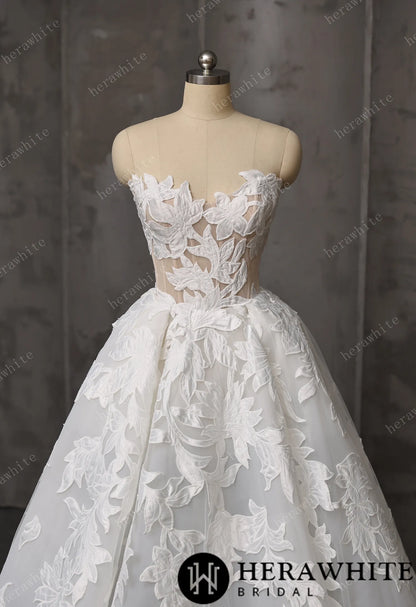 Floral Ball Gown With Illusion Sweetheart Bodice & Sculptural Flower Skirt — HW3748 — image 3