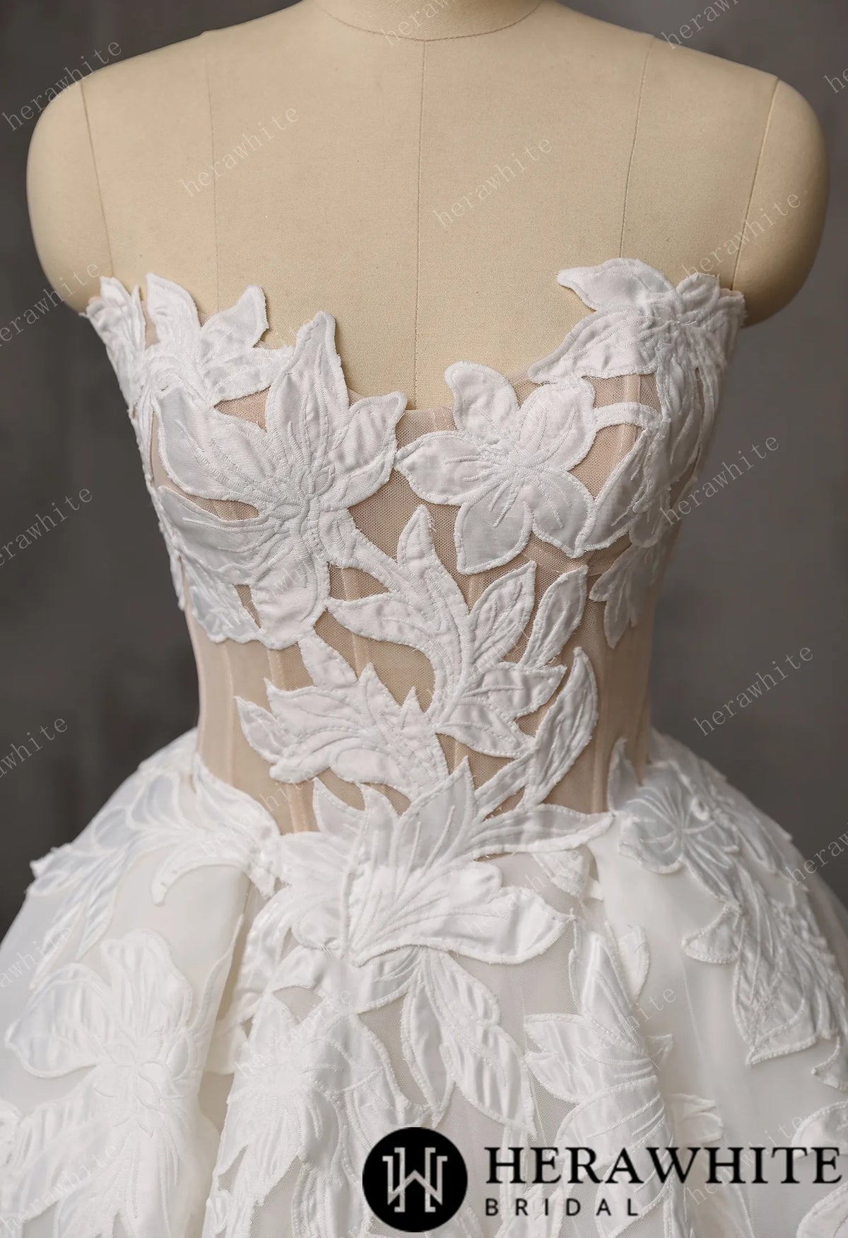 Floral Ball Gown With Illusion Sweetheart Bodice & Sculptural Flower Skirt — HW3748 — image 4