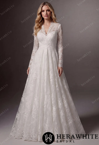Vintage Boho Lace Sheath Wedding Gown With Illusion Long Bell Sleeves — HW3751 — image 1