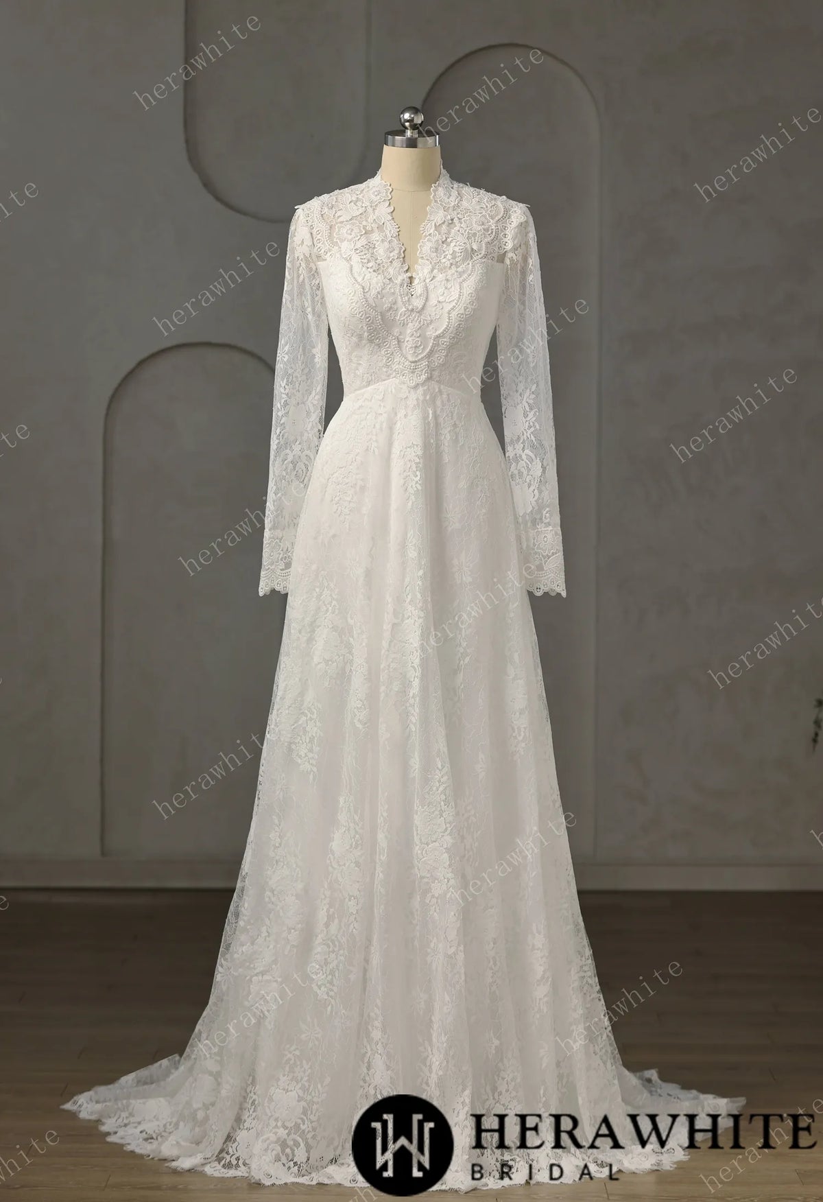 Vintage Boho Lace Sheath Wedding Gown With Illusion Long Bell Sleeves — HW3751 — image 2