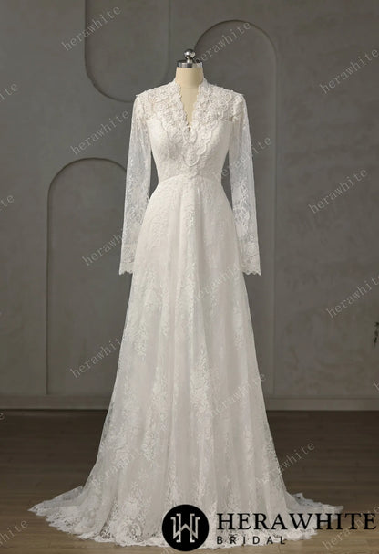 Vintage Boho Lace Sheath Wedding Gown With Illusion Long Bell Sleeves — HW3751 — image 2