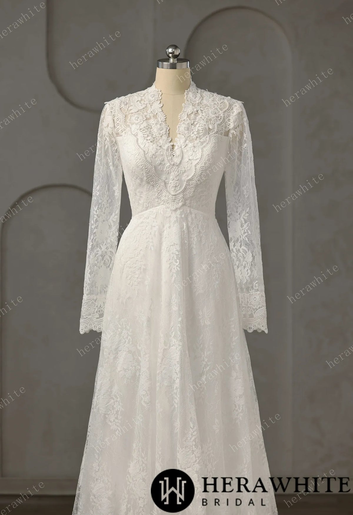 Vintage Boho Lace Sheath Wedding Gown With Illusion Long Bell Sleeves — HW3751 — image 3