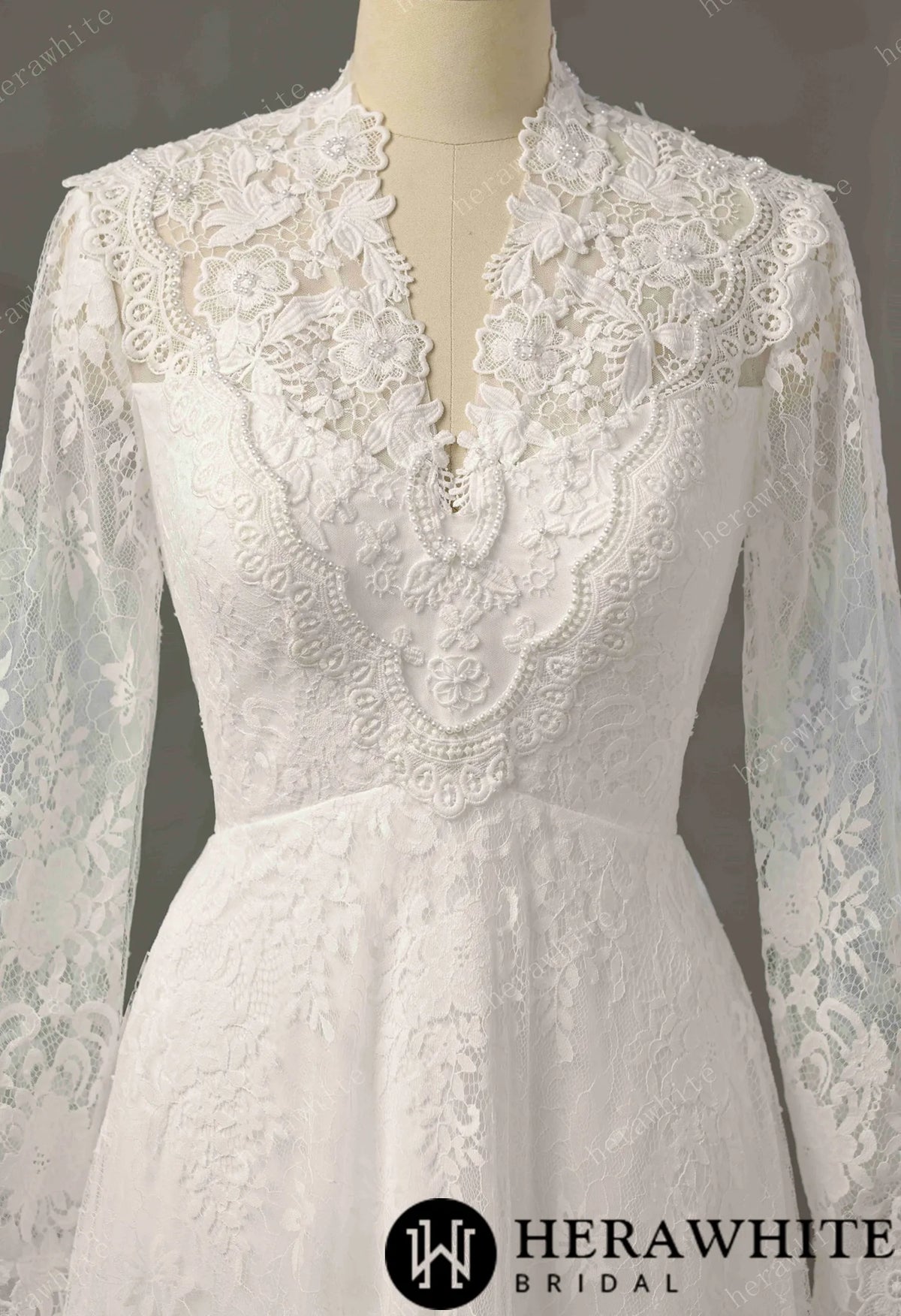 Vintage Boho Lace Sheath Wedding Gown With Illusion Long Bell Sleeves — HW3751 — image 4