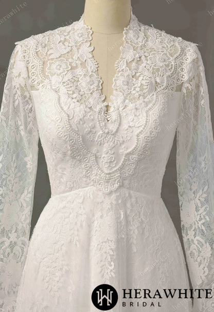 Vintage Boho Lace Sheath Wedding Gown With Illusion Long Bell Sleeves — HW3751 — image 4