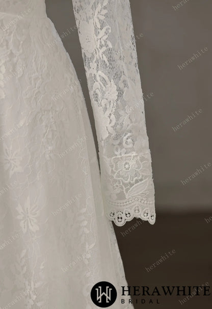 Vintage Boho Lace Sheath Wedding Gown With Illusion Long Bell Sleeves — HW3751 — image 5