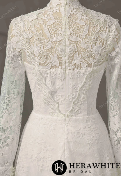 Vintage Boho Lace Sheath Wedding Gown With Illusion Long Bell Sleeves — HW3751 — image 7