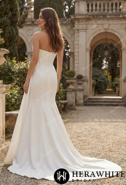 Strapless Cowl Neck Corset Satin Wedding Dress with High Slit & Sweep Train — HW3752 — image 3