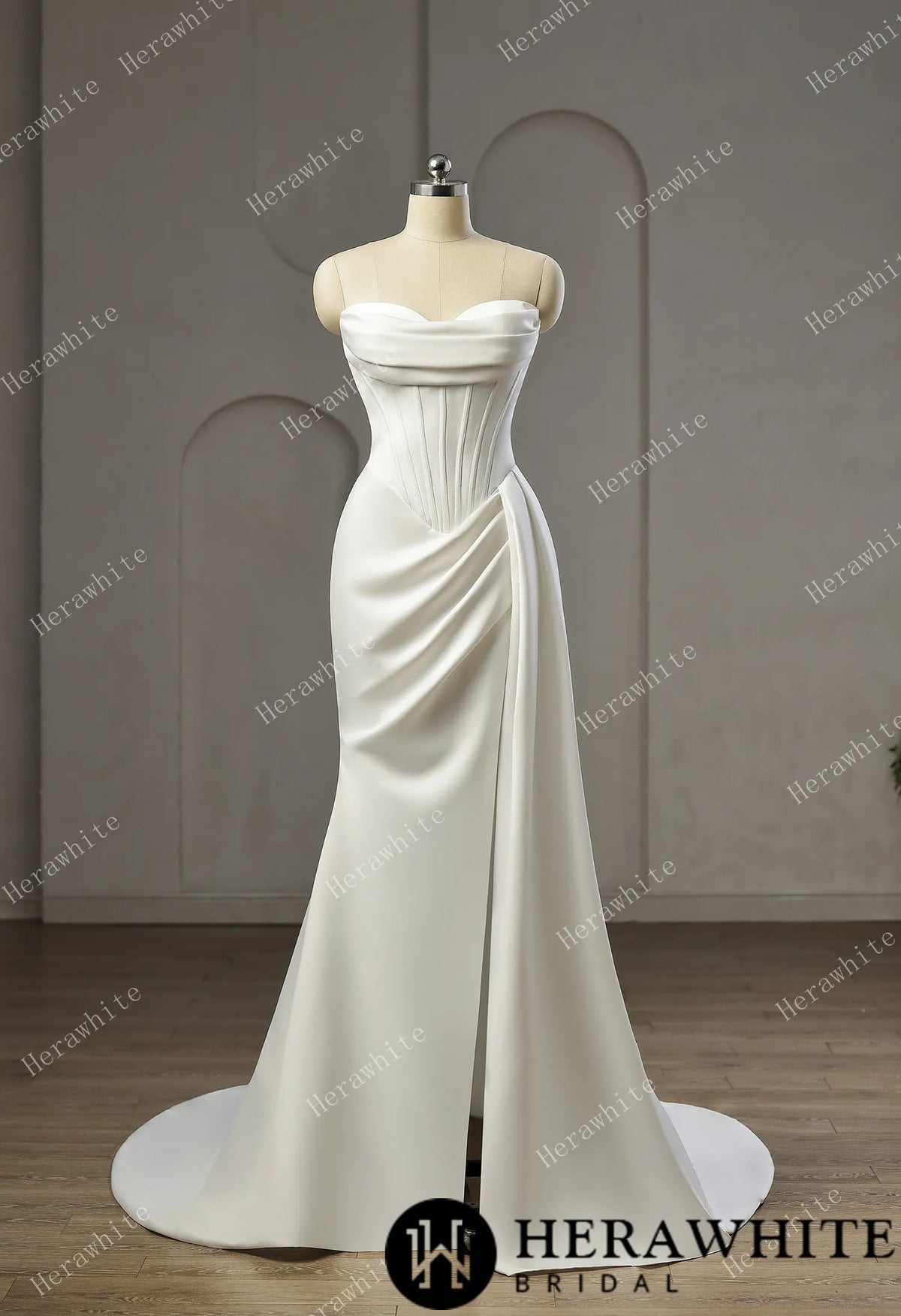 Strapless Cowl Neck Corset Satin Wedding Dress with High Slit & Sweep Train — HW3752 — image 4