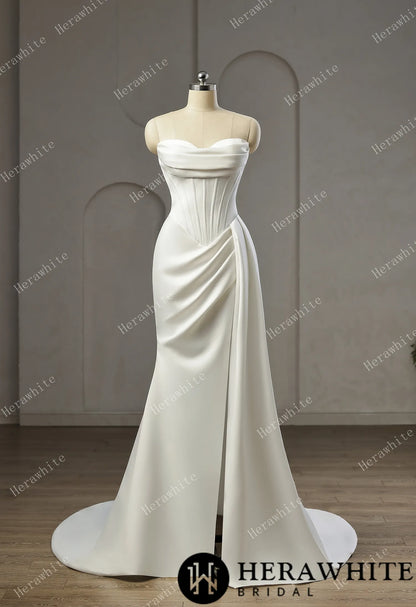 Strapless Cowl Neck Corset Satin Wedding Dress with High Slit & Sweep Train — HW3752 — image 4