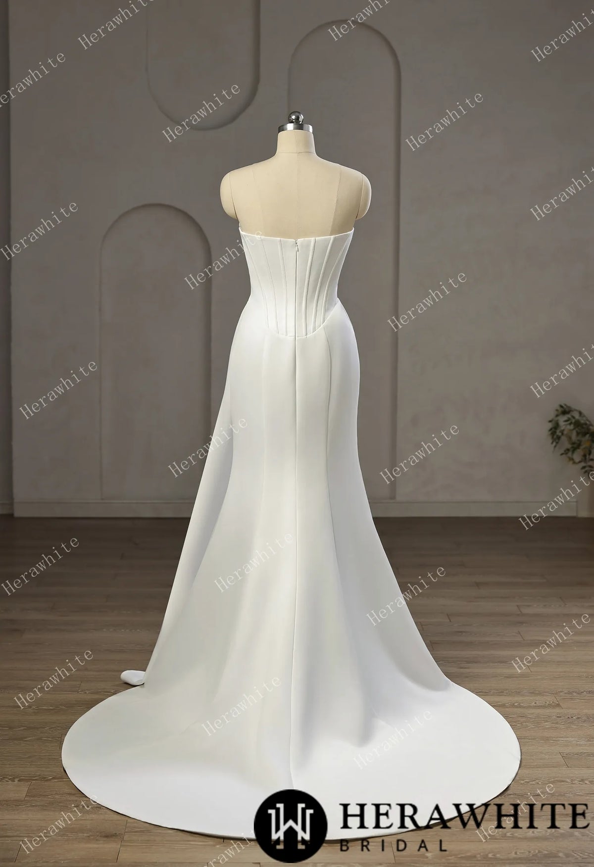 Strapless Cowl Neck Corset Satin Wedding Dress with High Slit & Sweep Train — HW3752 — image 5