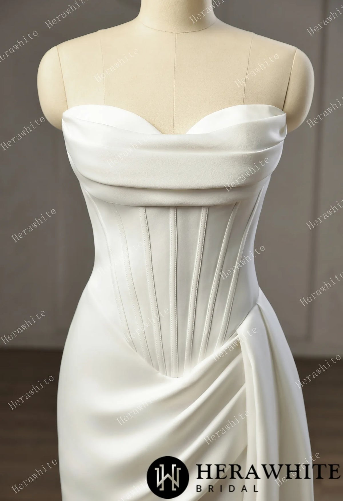 Strapless Cowl Neck Corset Satin Wedding Dress with High Slit & Sweep Train — HW3752 — image 6