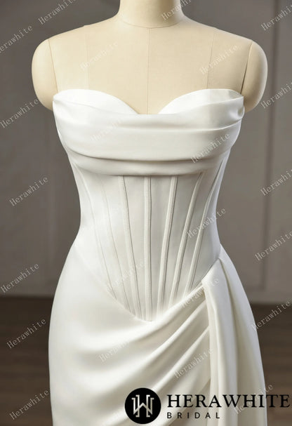 Strapless Cowl Neck Corset Satin Wedding Dress with High Slit & Sweep Train — HW3752 — image 6