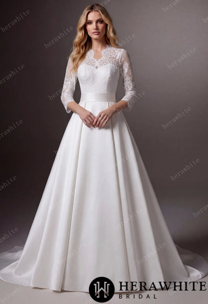 Lace & Satin Ball Gown With Illusion ¾-Length Sleeves — HW3754 — image 1