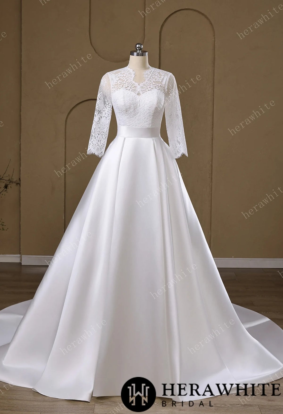 Lace & Satin Ball Gown With Illusion ¾-Length Sleeves — HW3754 — image 2