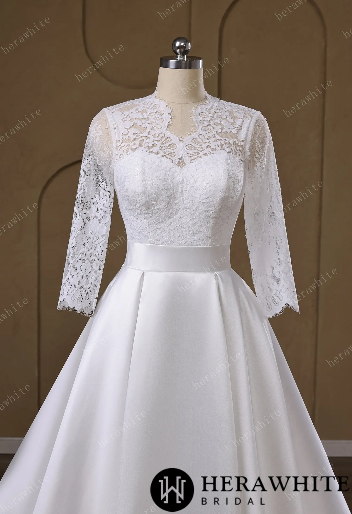 Lace & Satin Ball Gown With Illusion ¾-Length Sleeves — HW3754 — image 3