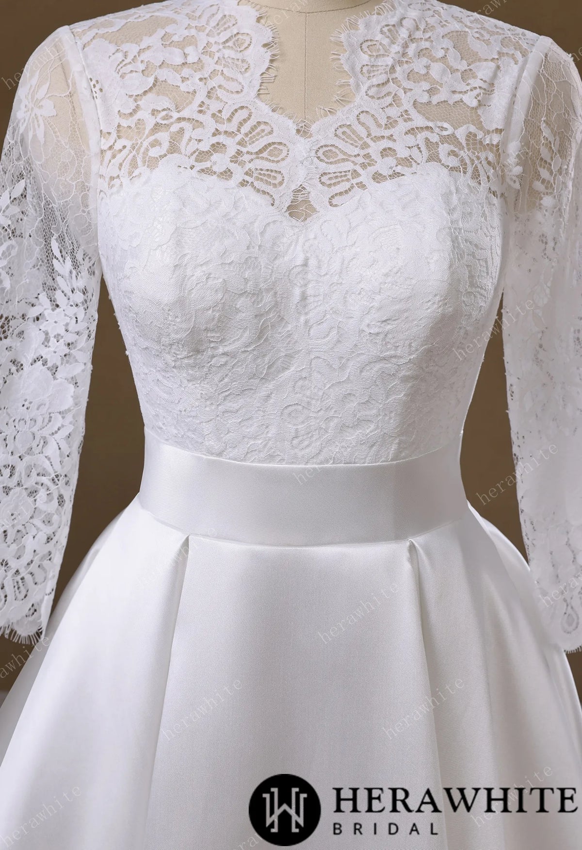 Lace & Satin Ball Gown With Illusion ¾-Length Sleeves — HW3754 — image 4