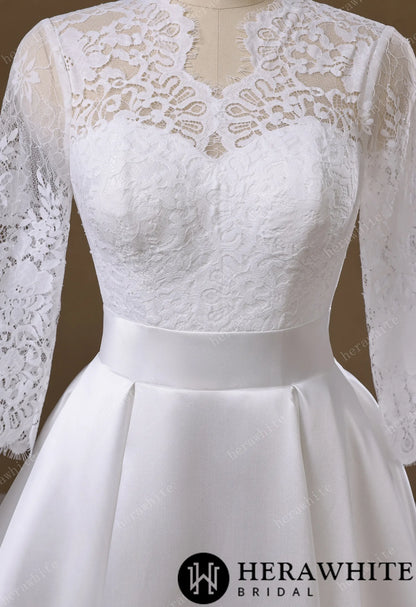 Lace & Satin Ball Gown With Illusion ¾-Length Sleeves — HW3754 — image 4