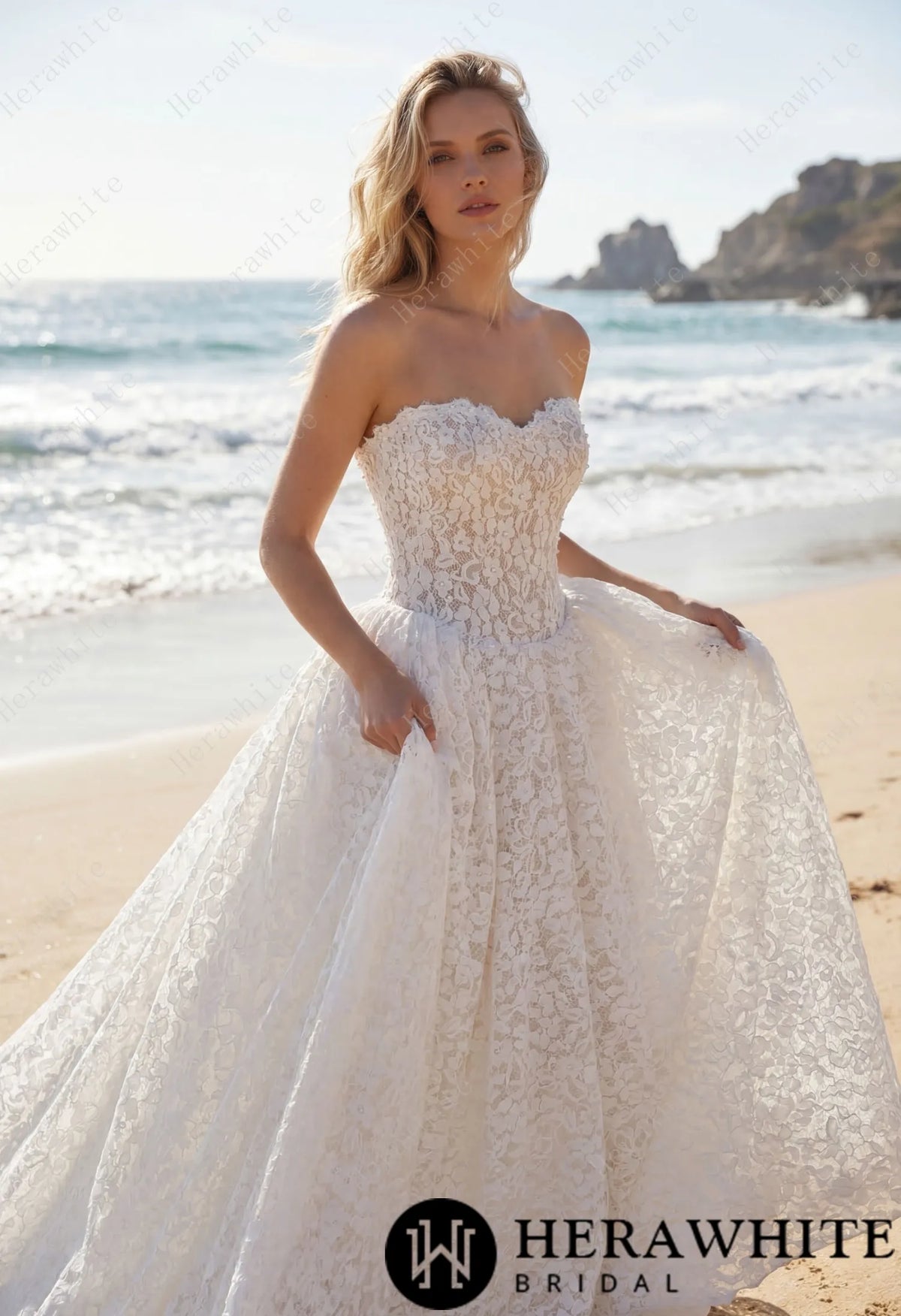 Chantilly Lace Sweetheart Basque Wedding Gown with Pearls Decoration — HW3756 — image 1