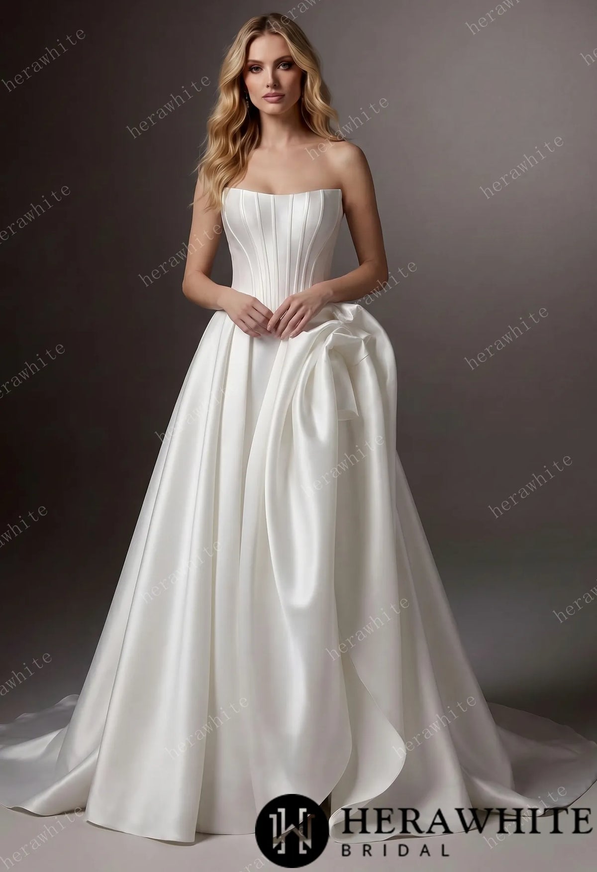 Pleated Satin Ball Gown With Dramatic Side Draped Ruffle Detail — HW3757 — image 1