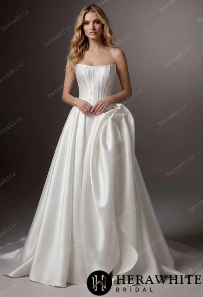 Pleated Satin Ball Gown With Dramatic Side Draped Ruffle Detail — HW3757 — image 1