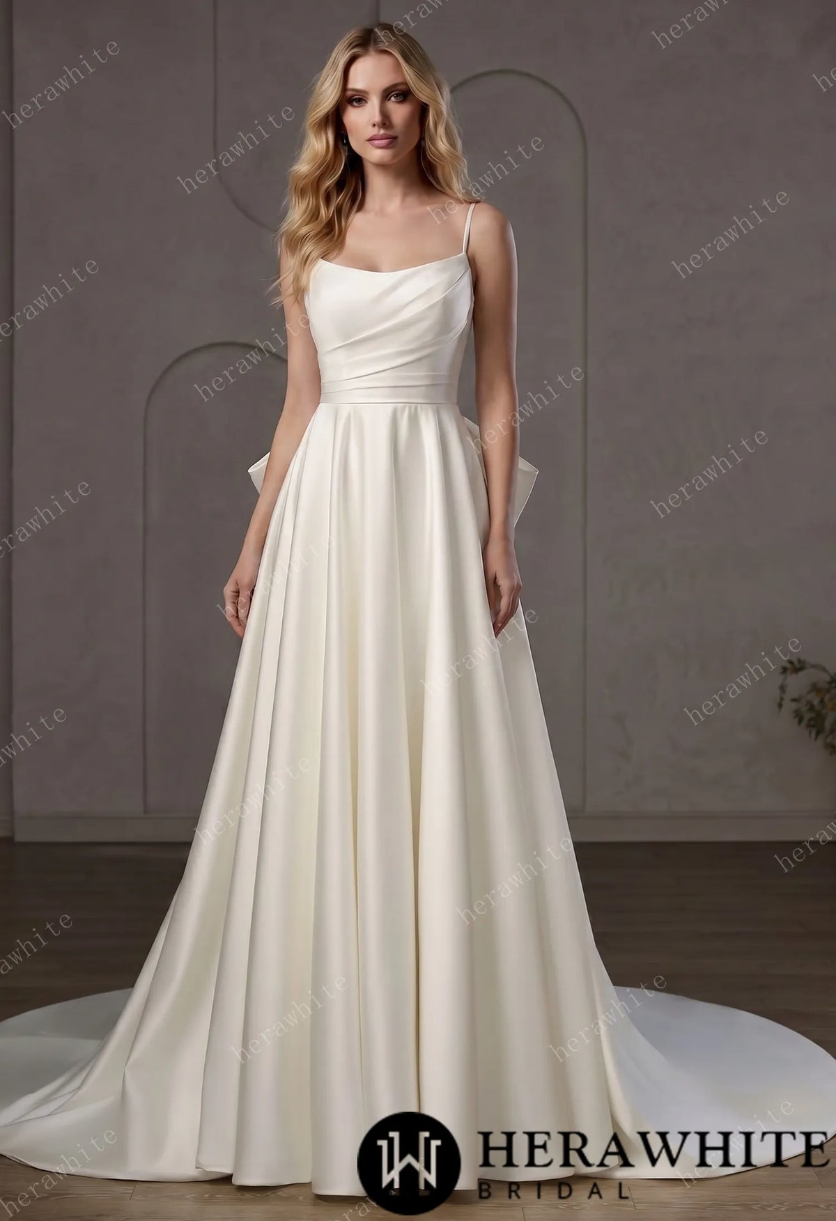 Minimalist Satin A-Line Wedding Gown With Oversized Back Bow & Spaghetti Straps — HW3761 — image 1