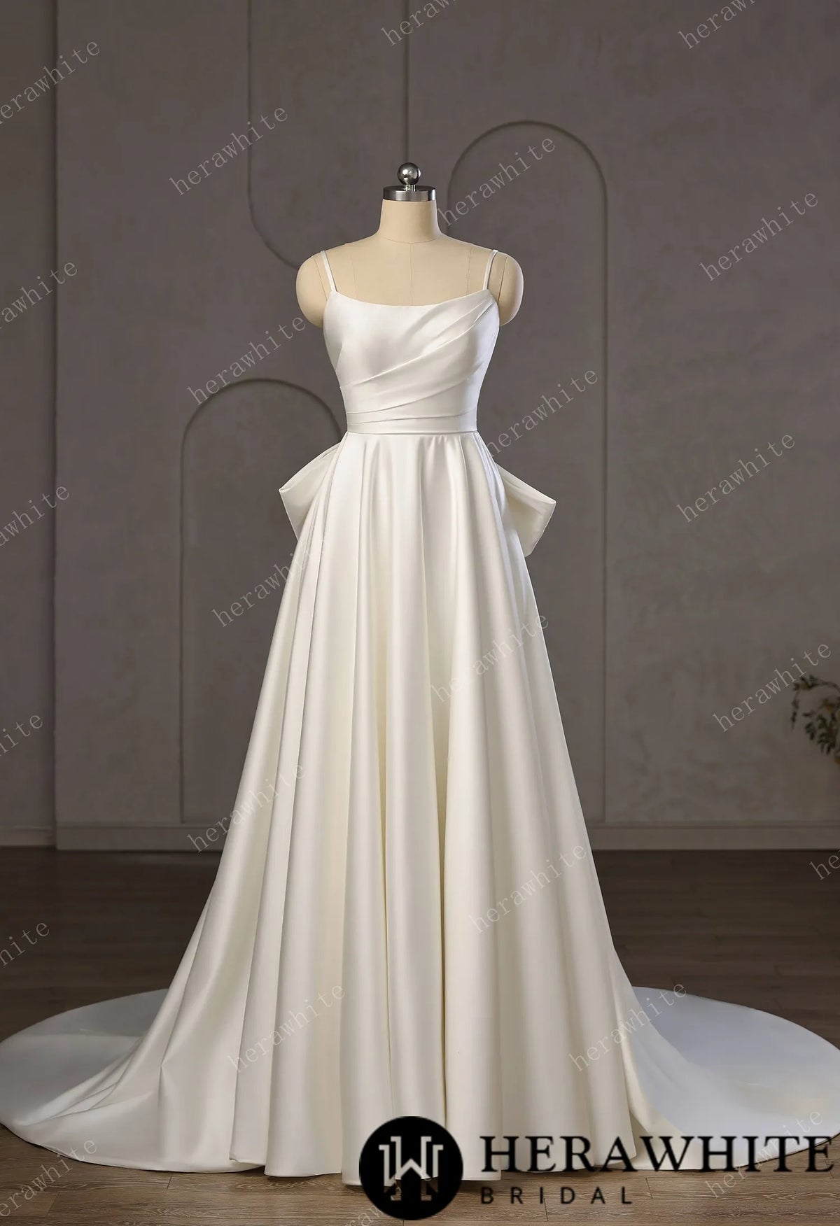 Minimalist Satin A-Line Wedding Gown With Oversized Back Bow & Spaghetti Straps — HW3761 — image 2