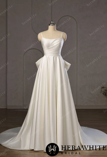 Minimalist Satin A-Line Wedding Gown With Oversized Back Bow & Spaghetti Straps — HW3761 — image 2
