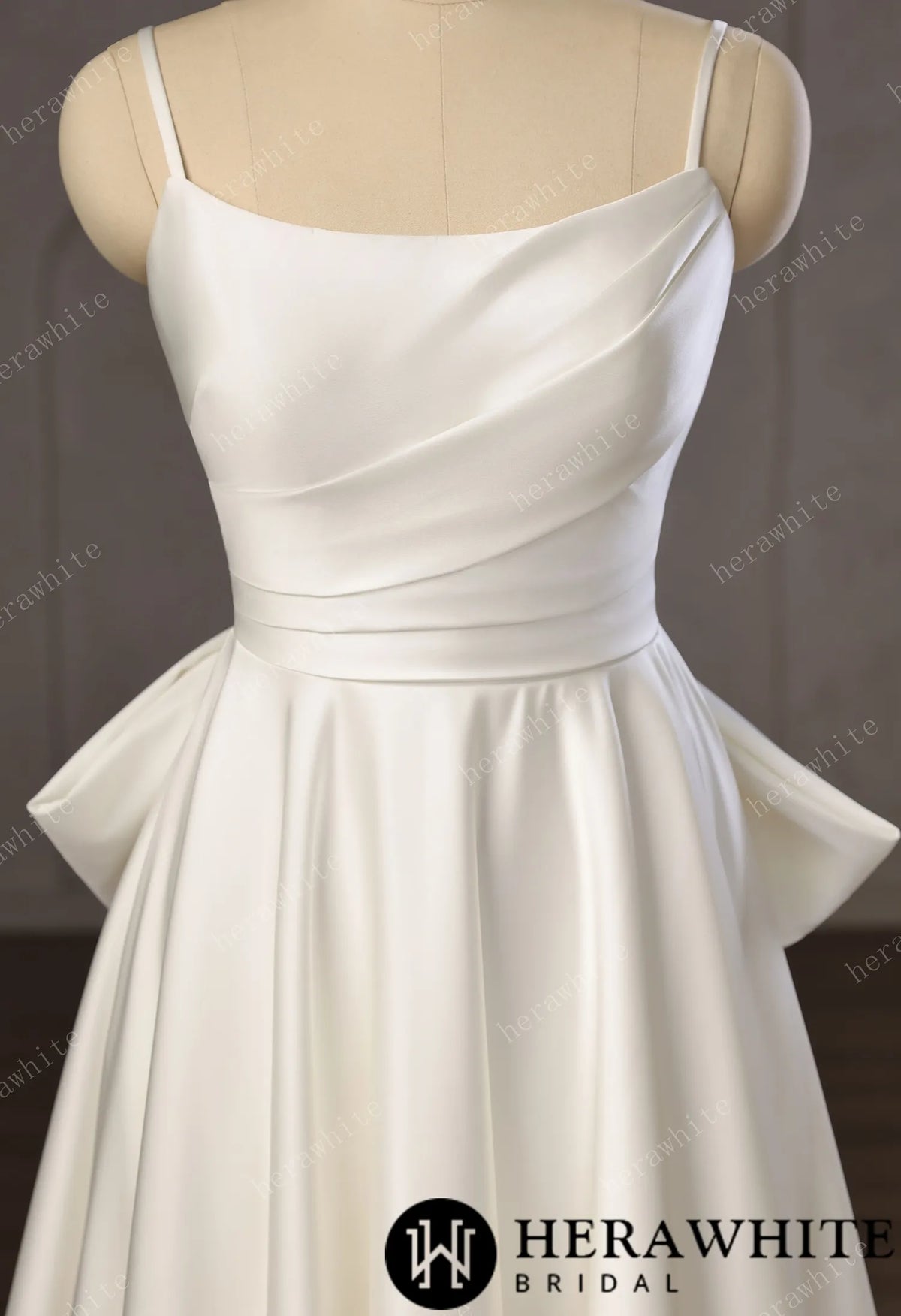 Minimalist Satin A-Line Wedding Gown With Oversized Back Bow & Spaghetti Straps — HW3761 — image 3