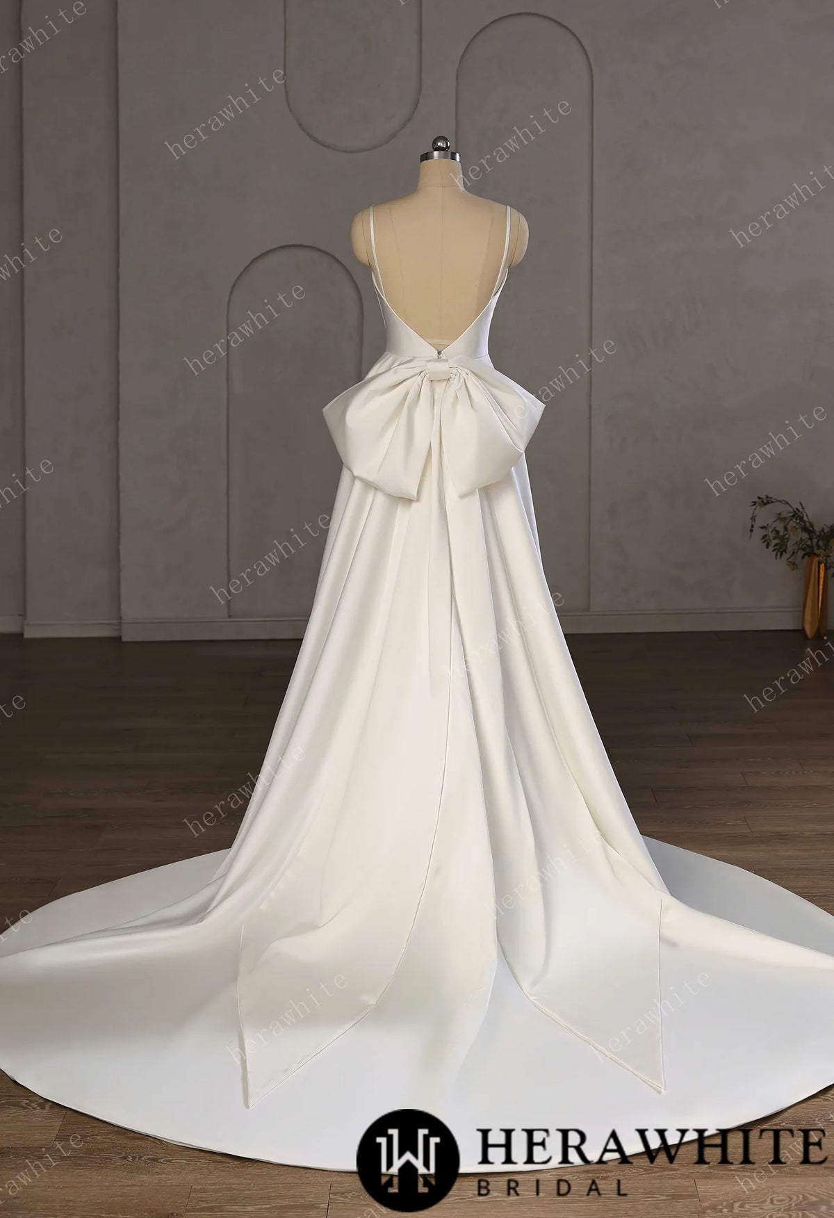 Minimalist Satin A-Line Wedding Gown With Oversized Back Bow & Spaghetti Straps — HW3761 — image 4