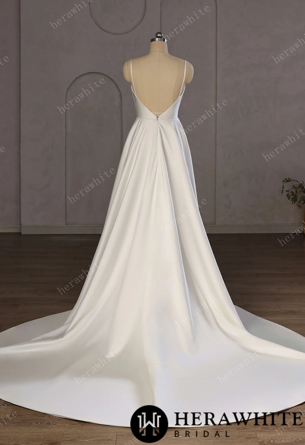 Minimalist Satin A-Line Wedding Gown With Oversized Back Bow & Spaghetti Straps — HW3761 — image 5