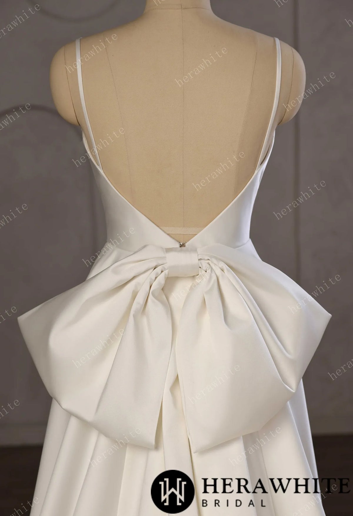 Minimalist Satin A-Line Wedding Gown With Oversized Back Bow & Spaghetti Straps — HW3761 — image 6