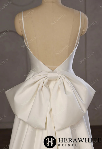 Minimalist Satin A-Line Wedding Gown With Oversized Back Bow & Spaghetti Straps — HW3761 — image 6