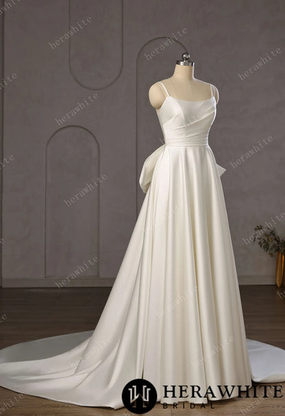 Minimalist Satin A-Line Wedding Gown With Oversized Back Bow & Spaghetti Straps — HW3761 — image 7