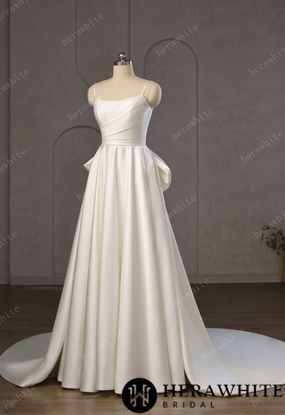 Minimalist Satin A-Line Wedding Gown With Oversized Back Bow & Spaghetti Straps — HW3761 — image 8