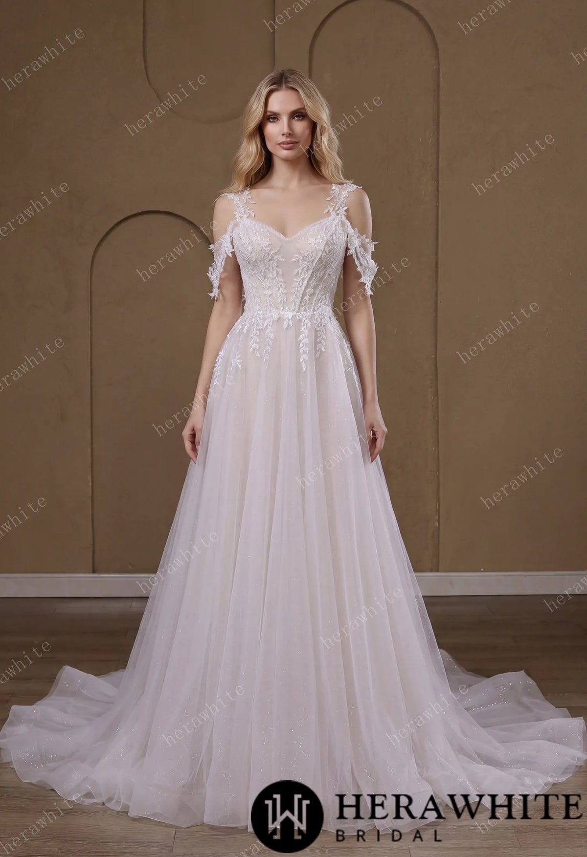 Lace A-Line Wedding Gown With Detachable Off-Shoulder Sleeves & Glitter Tulle Skirt — HW3772 — image 1
