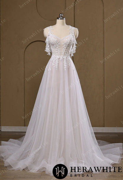 Lace A-Line Wedding Gown With Detachable Off-Shoulder Sleeves & Glitter Tulle Skirt — HW3772 — image 2
