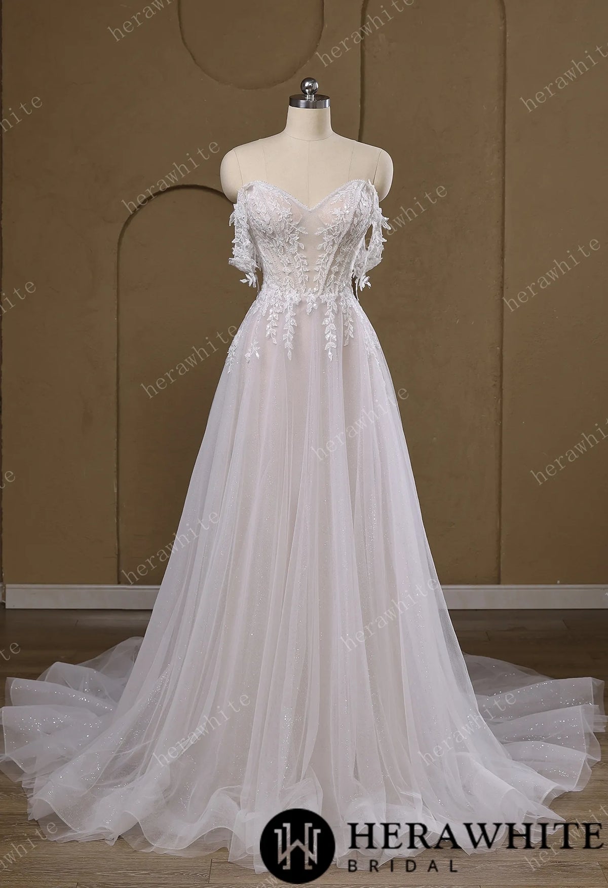Lace A-Line Wedding Gown With Detachable Off-Shoulder Sleeves & Glitter Tulle Skirt — HW3772 — image 3