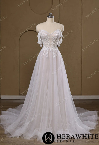 Lace A-Line Wedding Gown With Detachable Off-Shoulder Sleeves & Glitter Tulle Skirt — HW3772 — image 3