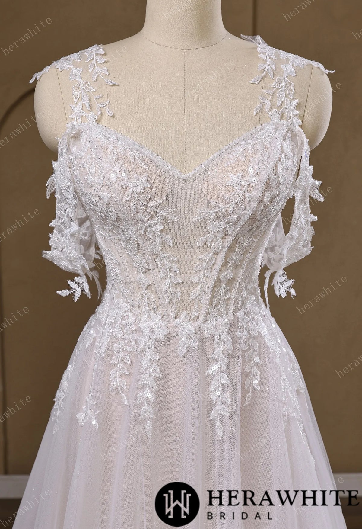 Lace A-Line Wedding Gown With Detachable Off-Shoulder Sleeves & Glitter Tulle Skirt — HW3772 — image 4