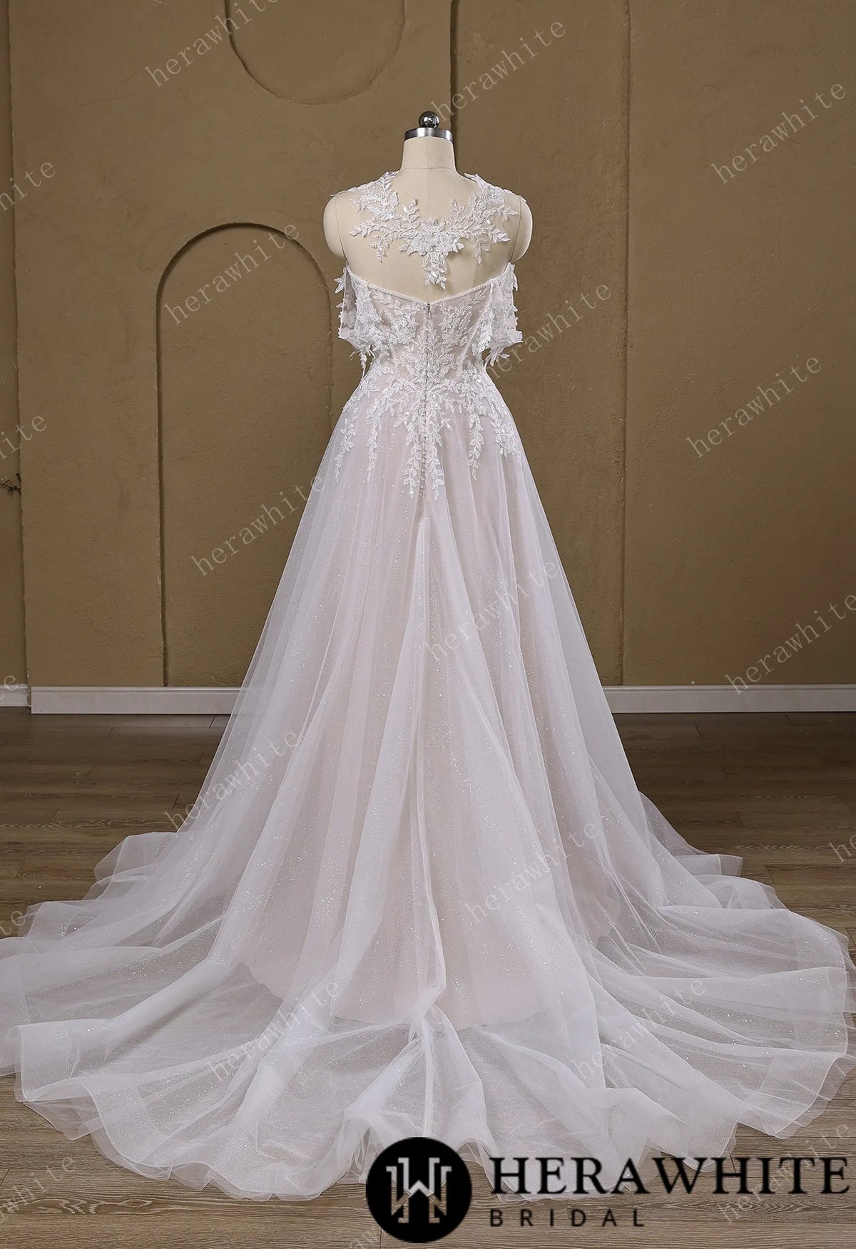 Lace A-Line Wedding Gown With Detachable Off-Shoulder Sleeves & Glitter Tulle Skirt — HW3772 — image 5