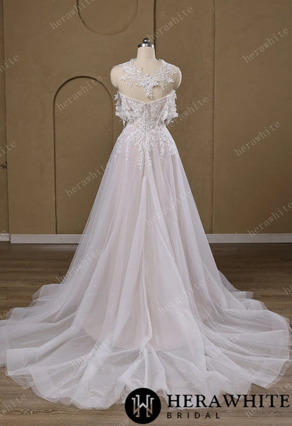 Lace A-Line Wedding Gown With Detachable Off-Shoulder Sleeves & Glitter Tulle Skirt — HW3772 — image 5