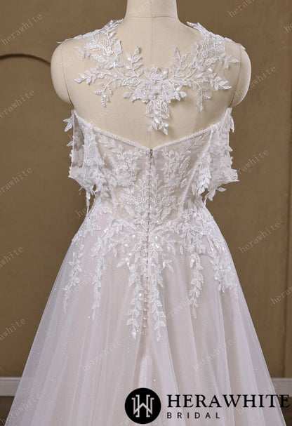 Lace A-Line Wedding Gown With Detachable Off-Shoulder Sleeves & Glitter Tulle Skirt — HW3772 — image 6